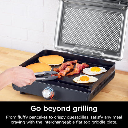 GR101 Sizzle Smokeless Indoor Grill & Griddle, 14'' Interchangeable Nonstick Plates, Dishwasher-Safe Removable Mesh Lid, 500F Max Heat, Even Edge-To-Edge Cooking, Grey/Silver