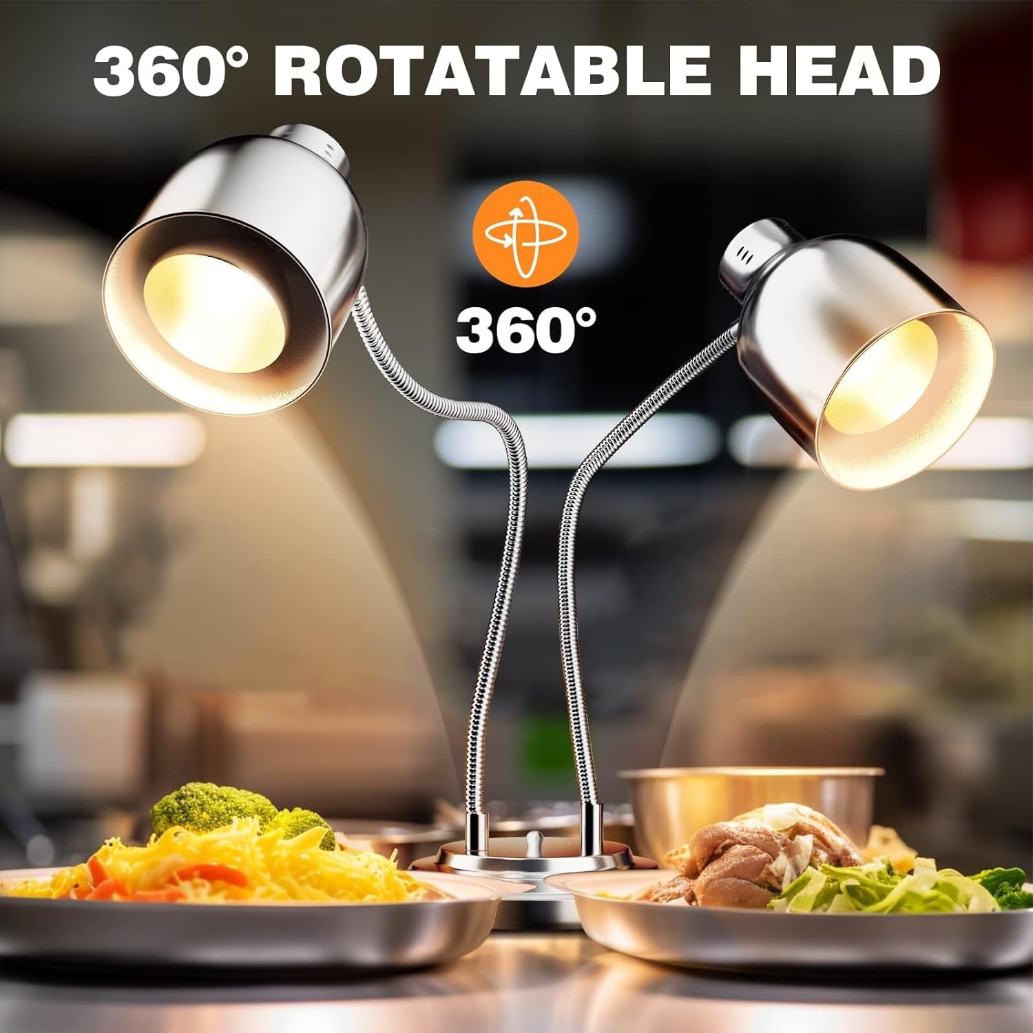 Food Heat Lamp, Commercial Food Warmer, 2-Head Food Warming Light, 500W Portable Electric Heating Lamp, Stainless Steel Catering Food Warming Lamp for Restaurant Kitchen Cafeteria