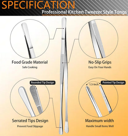 6 Pcs Cooking Tweezer Tongs, 12'' and 6.3" Stainless Steel Kitchen Tweezer Set, Professional Chef Tweezers for Cooking, Repairing, Sea Food, BBQ, Multi-Use