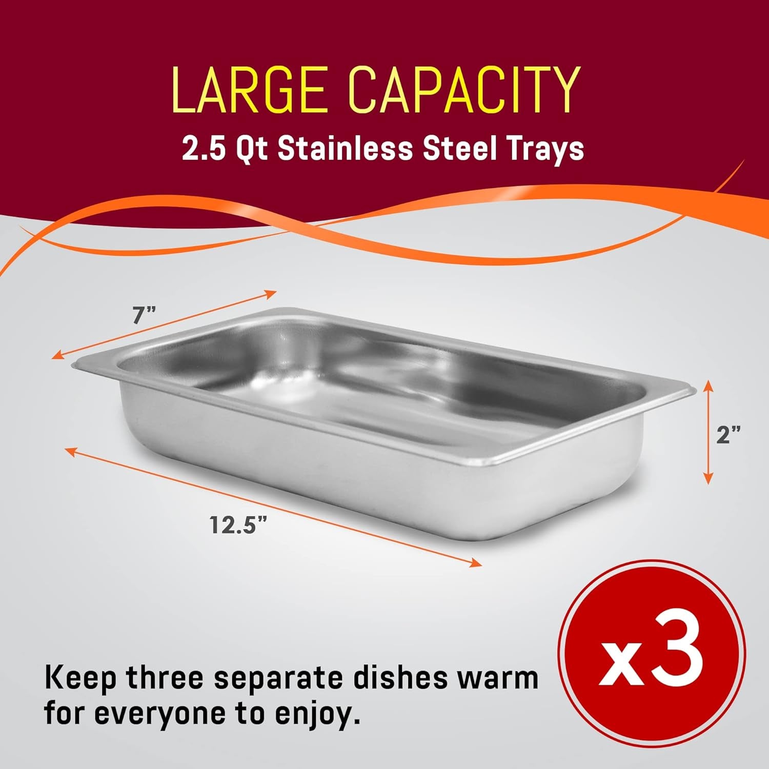 EWM-6171 Triple 3 X 2.5 Qt. Trays, Buffet Server, Food Warmer Temperature Control, Clear Slotted Lids, Perfect for Parties, Entertaining & Holidays, 7.5 Qt Total, Stainless Steel