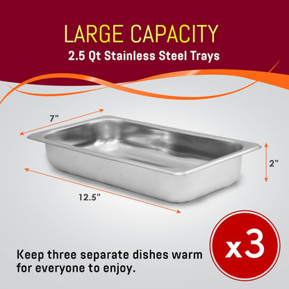 EWM-6171 Triple 3 X 2.5 Qt. Trays, Buffet Server, Food Warmer Temperature Control, Clear Slotted Lids, Perfect for Parties, Entertaining & Holidays, 7.5 Qt Total, Stainless Steel
