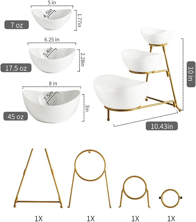 3 Tier Serving Stand Oval Serving Bowl with Metal Rack, Tied Serving Tray Food Display Dessert Appetizer, Serving Bowl Fruit Chip Dip Bowl Set for Parties, Gold