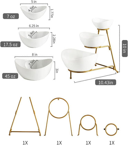 3 Tier Serving Stand Oval Serving Bowl with Metal Rack, Tied Serving Tray Food Display Dessert Appetizer, Serving Bowl Fruit Chip Dip Bowl Set for Parties, Gold