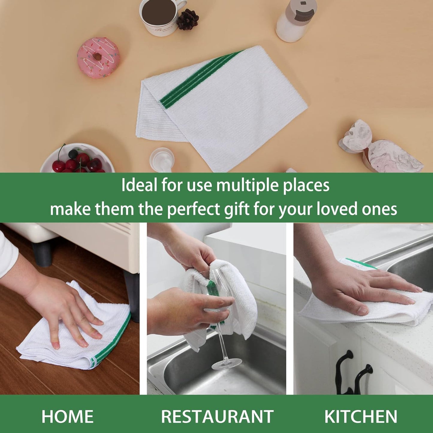 Premium 24 Pack White with Green Stripe Bar Mop Microfiber Towels for Home, Kitchen, Restaurant Cleaning (White/Green Stripe, 14Inx18In)