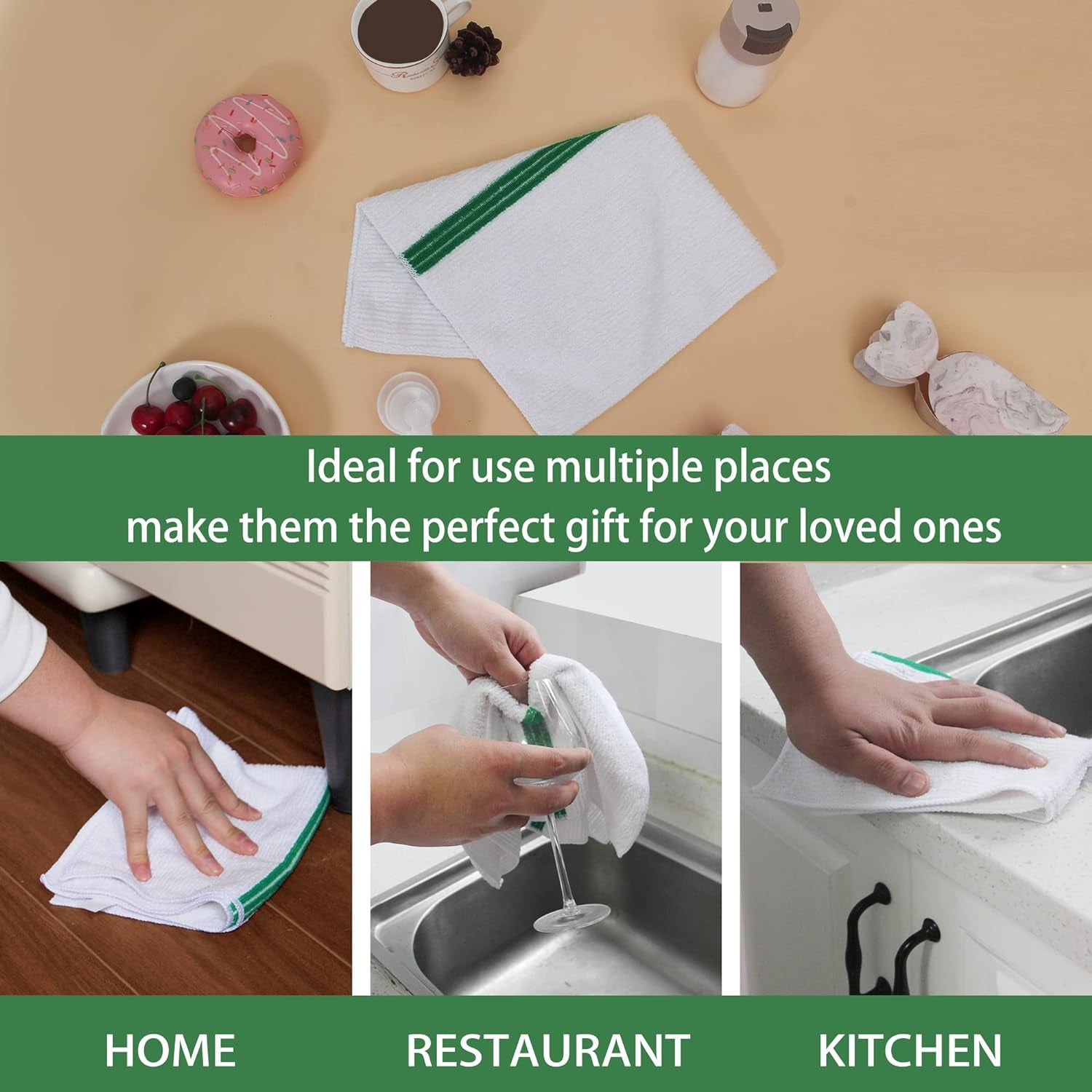 Premium 24 Pack White with Green Stripe Bar Mop Microfiber Towels for Home, Kitchen, Restaurant Cleaning (White/Green Stripe, 14Inx18In)