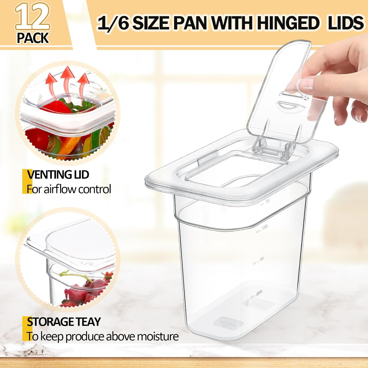 12 Pack 1/9 Size 6'' Deep Polycarbonate Food Pan with Lid Clear Stackable Plastic Pan Restaurant Food Storage Containers with Hinged Lids for Hotel Supplies