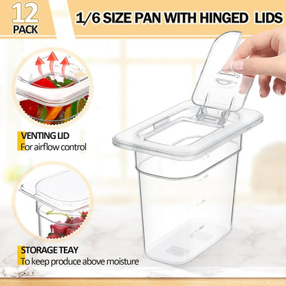 12 Pack 1/9 Size 6'' Deep Polycarbonate Food Pan with Lid Clear Stackable Plastic Pan Restaurant Food Storage Containers with Hinged Lids for Hotel Supplies