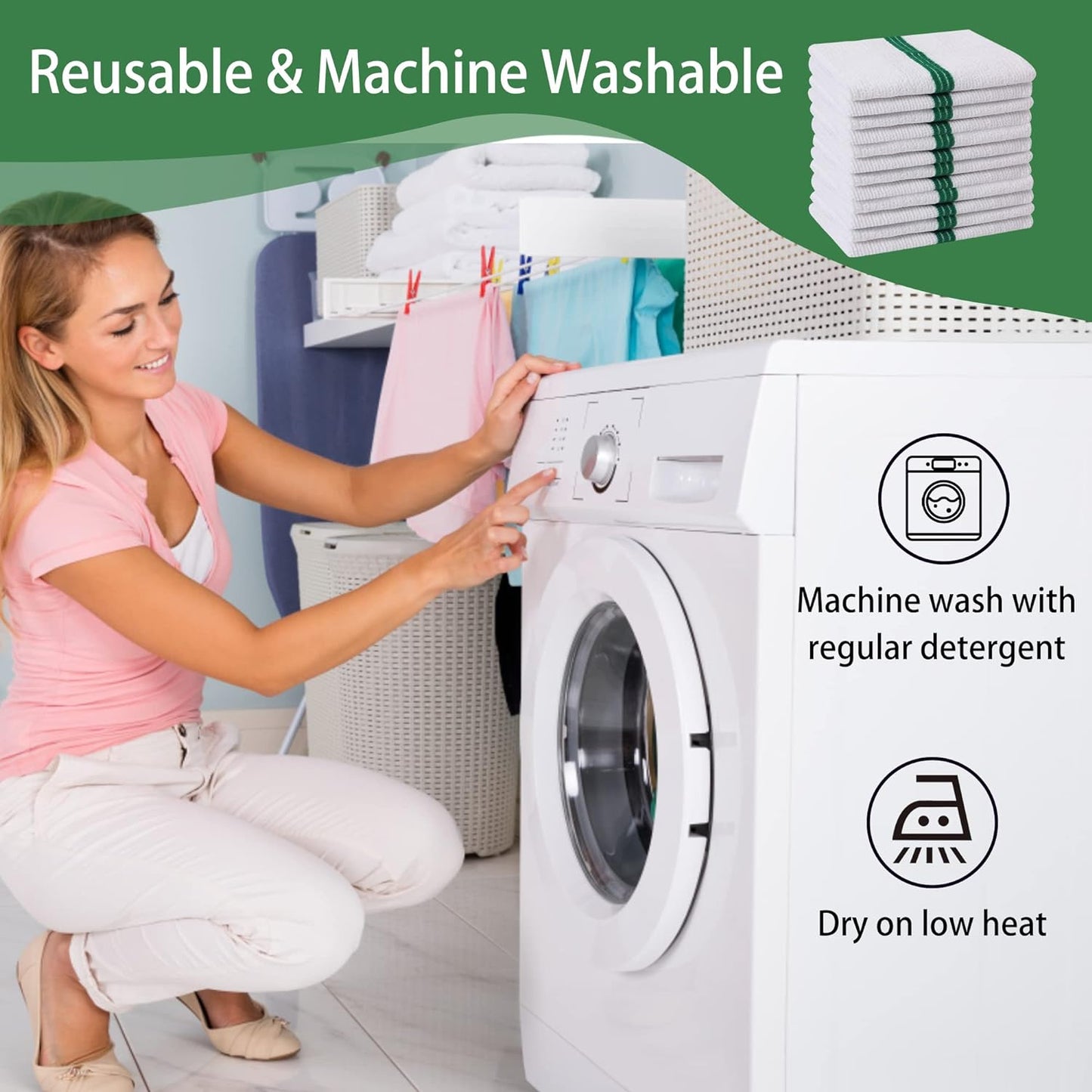 Premium 24 Pack White with Green Stripe Bar Mop Microfiber Towels for Home, Kitchen, Restaurant Cleaning (White/Green Stripe, 14Inx18In)