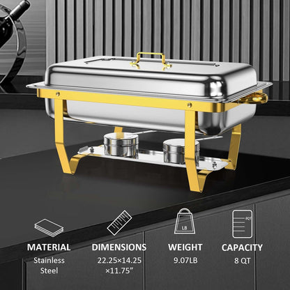 Chafing Dish Buffet Set 4 Pack, 8QT High Grade Chafing Dishes for Buffet, Chafers and Buffet Warmers Sets for Birthday, Wedding, Rolled-Edge Design with Gold and Silver