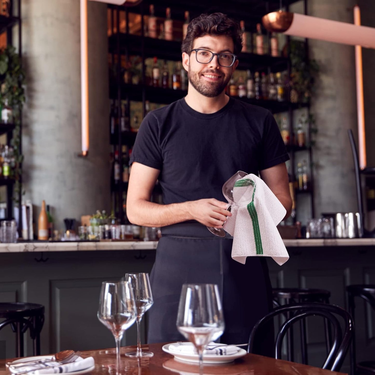 Premium 24 Pack White with Green Stripe Bar Mop Microfiber Towels for Home, Kitchen, Restaurant Cleaning (White/Green Stripe, 14Inx18In)