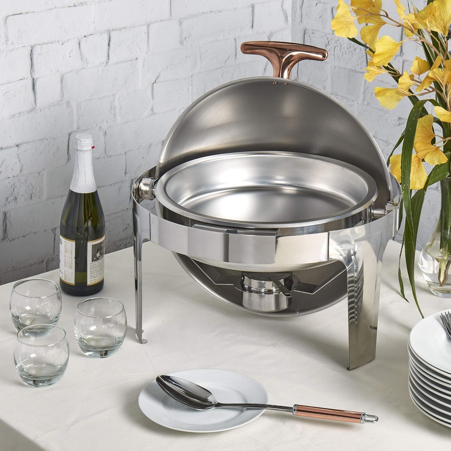 Celebrations Cookware Collection 5 Piece 6.3-Quart Heavy Gauge Stainless Steel round Chafing Dish Set with Roll Top Lid for Entertaining & Catering