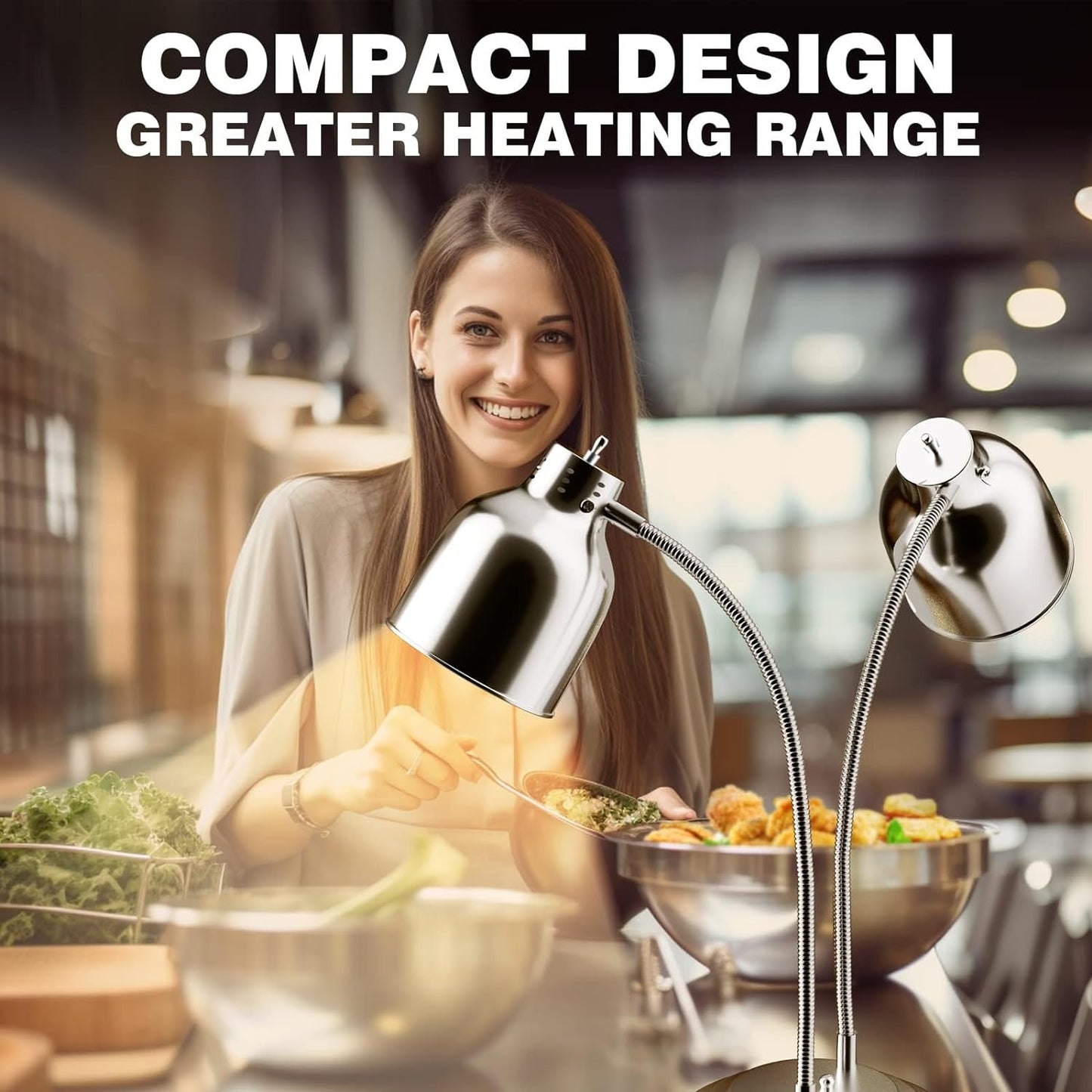 Food Heat Lamp, Commercial Food Warmer, 2-Head Food Warming Light, 500W Portable Electric Heating Lamp, Stainless Steel Catering Food Warming Lamp for Restaurant Kitchen Cafeteria