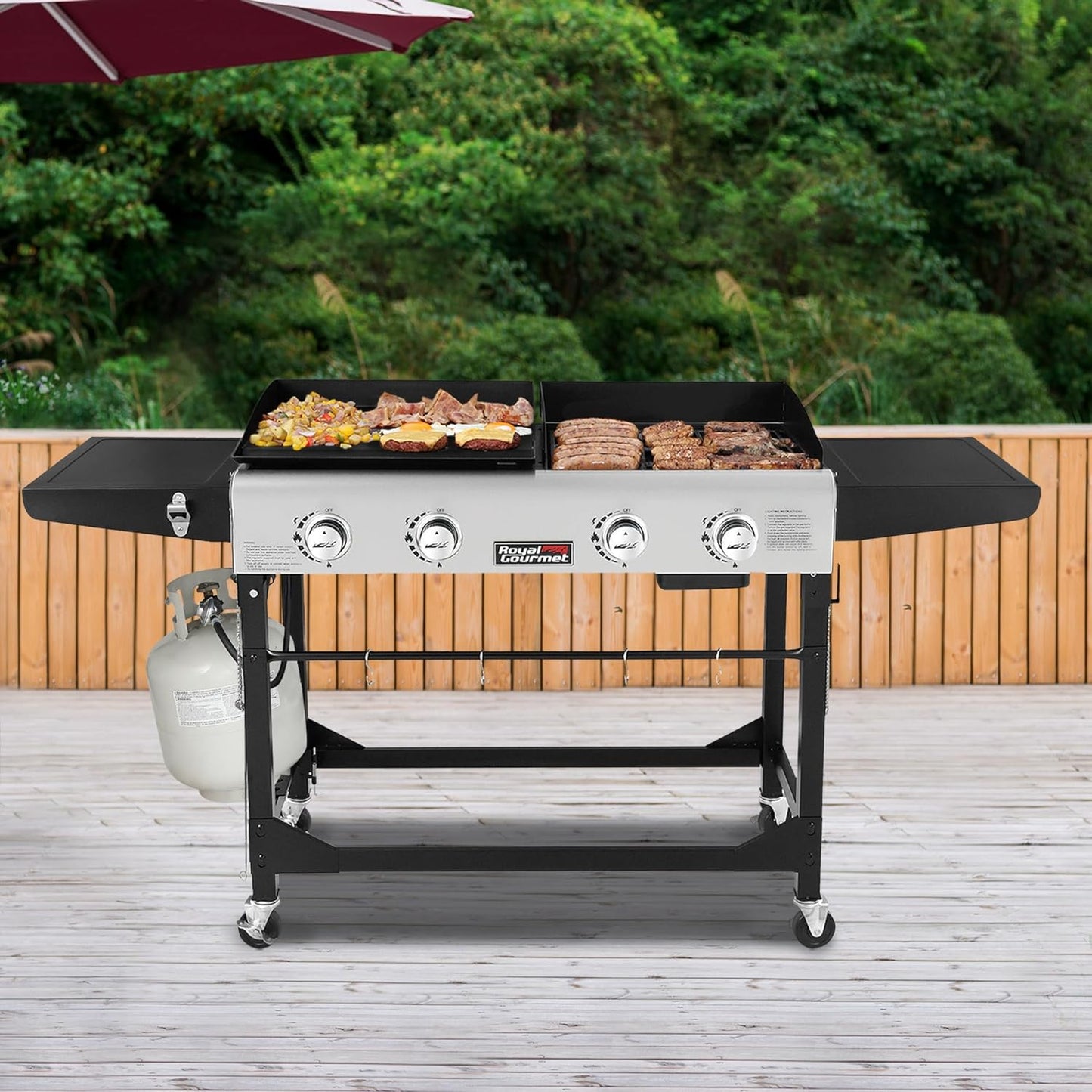 GD401C 4-Burner Gas Grill and Griddle Combo with Cover, 48,000 BTU, Flat Top Propane Grill Griddle Combo with Folding Legs for Outdoor Cooking While Camping or Tailgating, Black & Silver