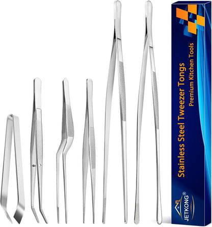 6 Pcs Cooking Tweezer Tongs, 12'' and 6.3" Stainless Steel Kitchen Tweezer Set, Professional Chef Tweezers for Cooking, Repairing, Sea Food, BBQ, Multi-Use