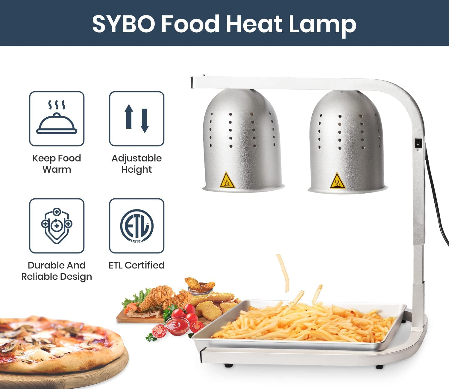 DL2112 Commercial Grade Food Heat Lamp Portable Electric Food Warmer 2-Bulb with Free-Standing, 500W, Silver (Silver)