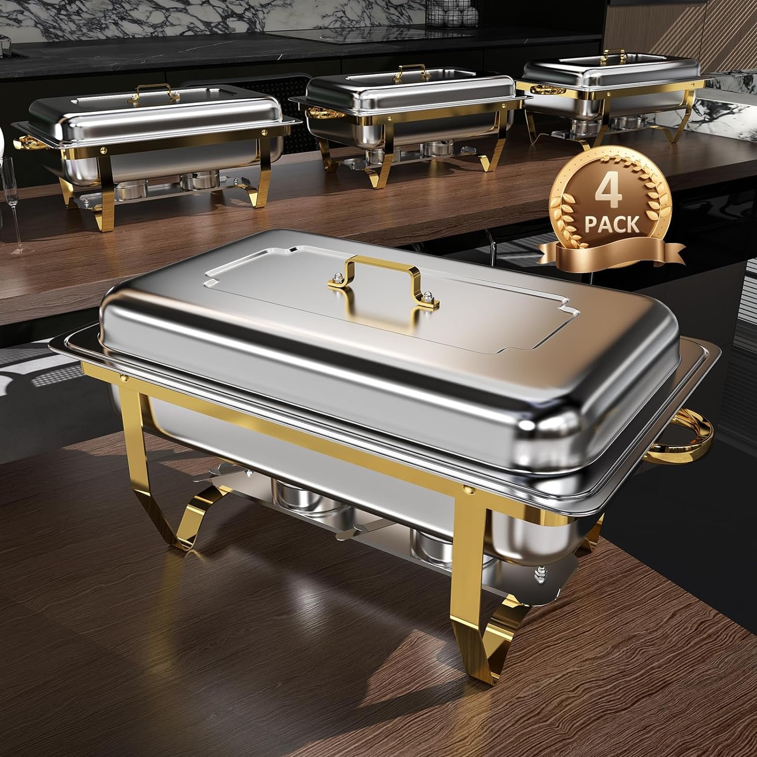 Chafing Dish Buffet Set 4 Pack, 8QT High Grade Chafing Dishes for Buffet, Chafers and Buffet Warmers Sets for Birthday, Wedding, Rolled-Edge Design with Gold and Silver