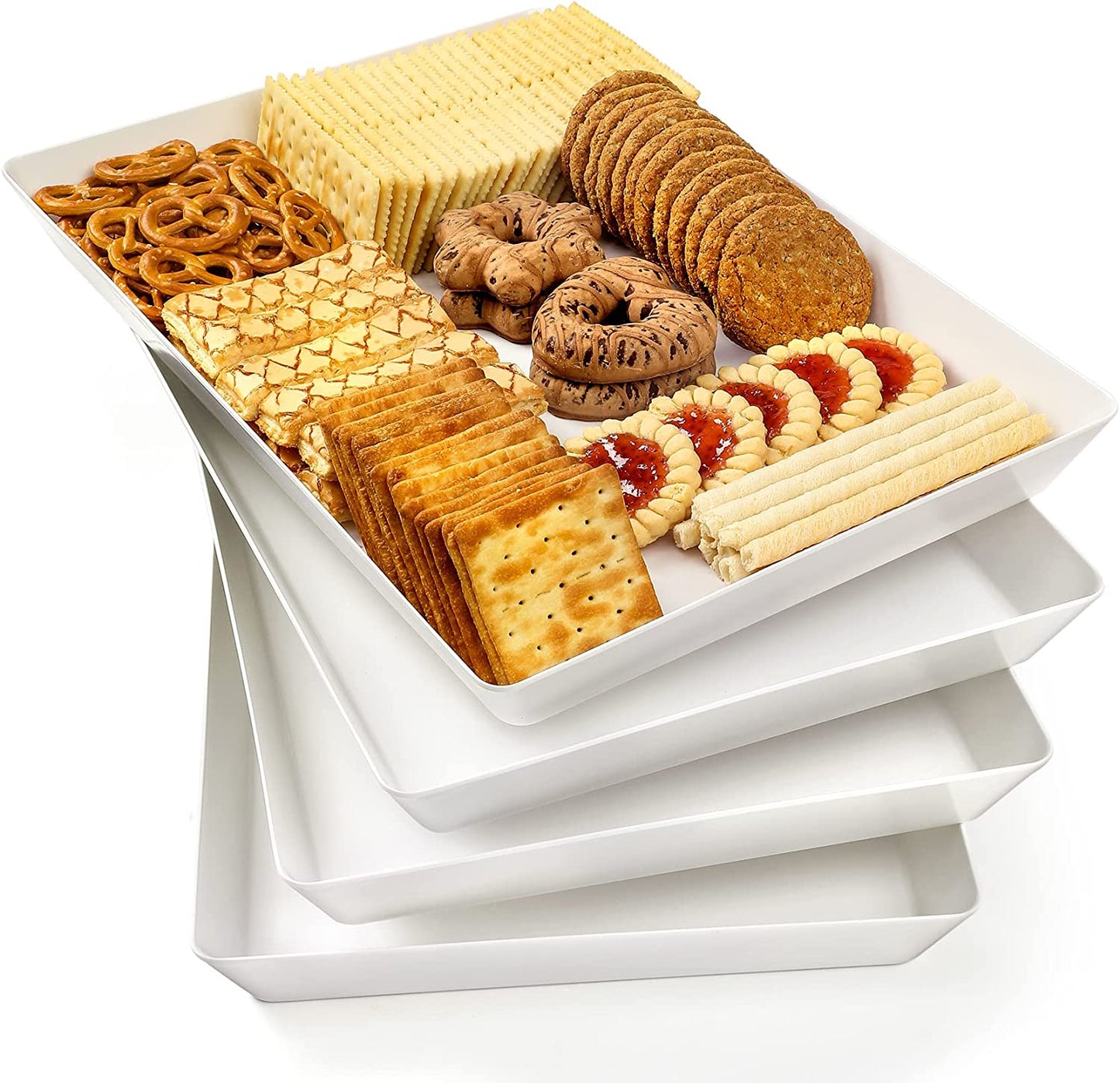 4-Pack 16" X 11" Large White Serving Trays Set - Reusable Plastic Serving Platters for Cookie, Appetizer, Charcuterie, Snack, Dessert, Party Food Display - Stackable Kitchen Countertop Tray, BPA Free
