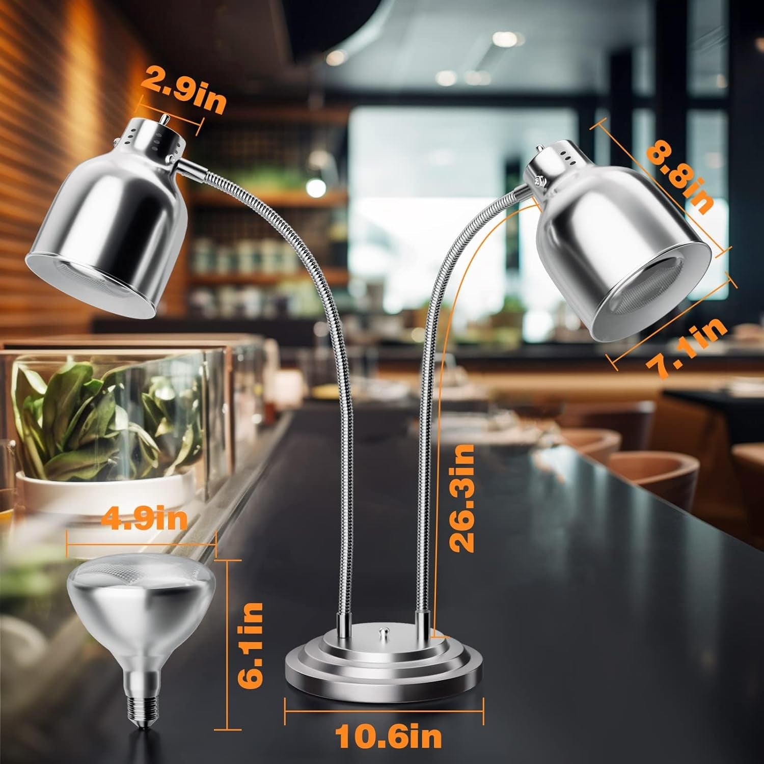 Food Heat Lamp, Commercial Food Warmer, 2-Head Food Warming Light, 500W Portable Electric Heating Lamp, Stainless Steel Catering Food Warming Lamp for Restaurant Kitchen Cafeteria