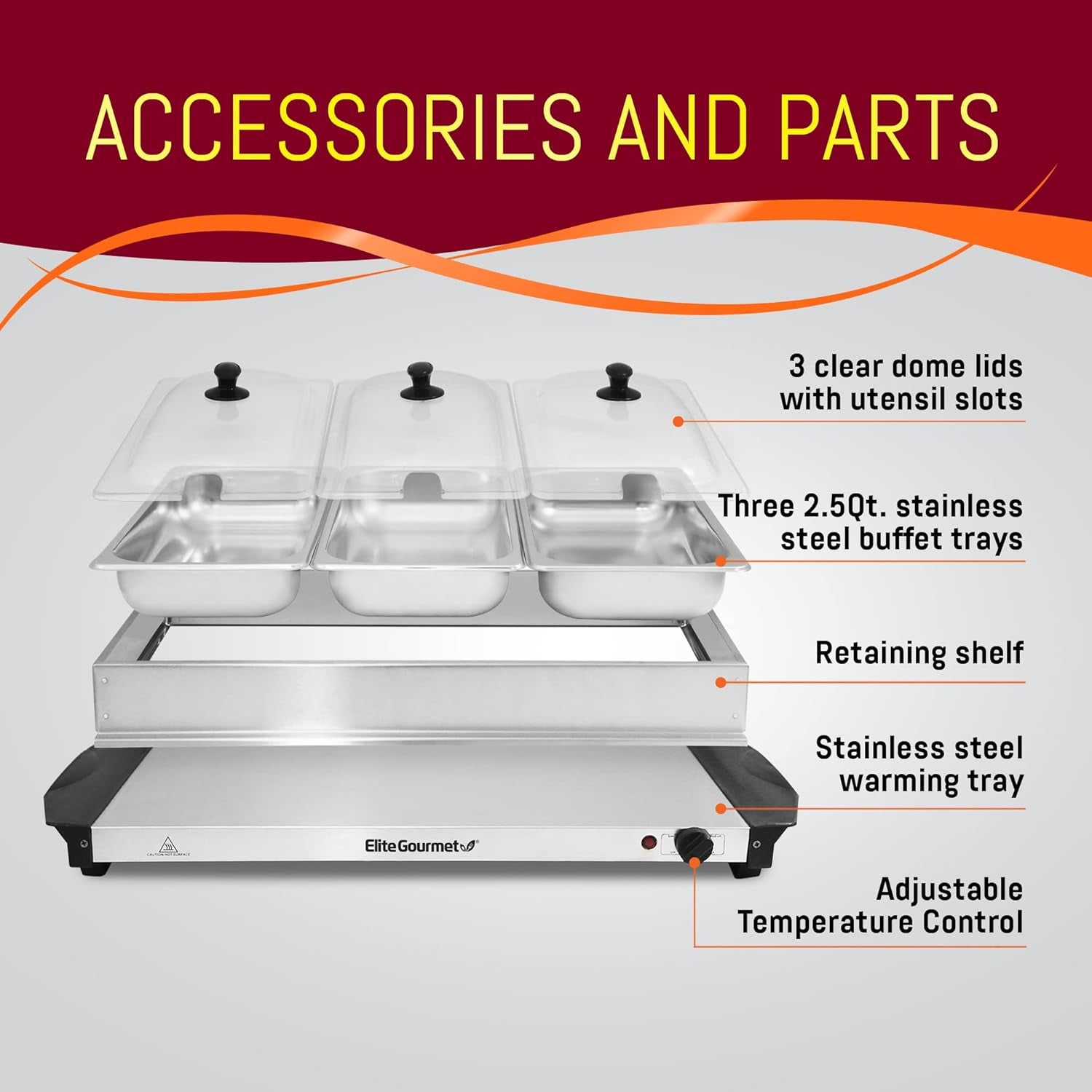 EWM-6171 Triple 3 X 2.5 Qt. Trays, Buffet Server, Food Warmer Temperature Control, Clear Slotted Lids, Perfect for Parties, Entertaining & Holidays, 7.5 Qt Total, Stainless Steel