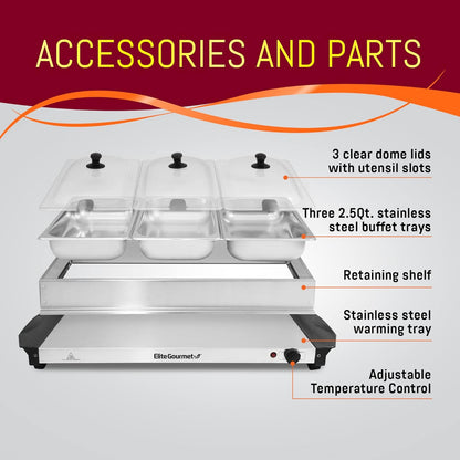 EWM-6171 Triple 3 X 2.5 Qt. Trays, Buffet Server, Food Warmer Temperature Control, Clear Slotted Lids, Perfect for Parties, Entertaining & Holidays, 7.5 Qt Total, Stainless Steel