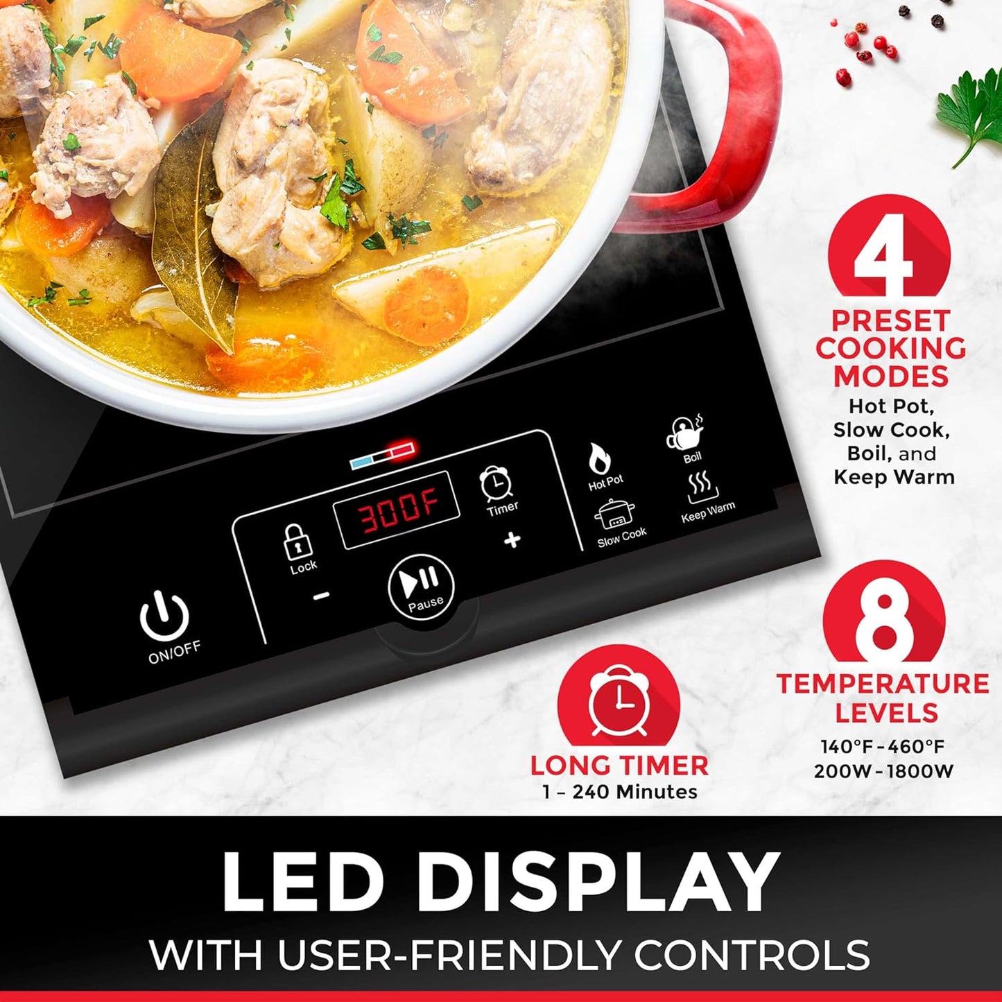 Rapidtherm Portable Induction Cooktop Hot Plate Countertop Burner 1800W, 8 Temp Levels, Timer, Auto-Shut-Off, Touch Panel, LED Display, Auto Pot Detection, Child Safety Lock, 4 Preset Programs