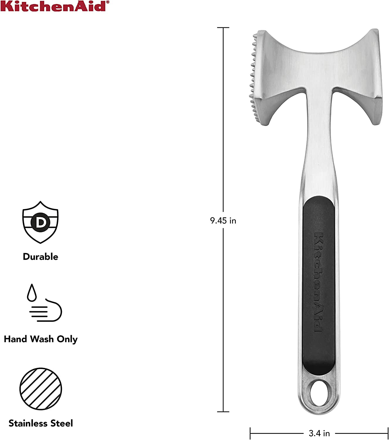Gourmet Multi Sided Meat Tenderizer for Pounding Meats, Nuts, Shellfish, Ect, Hang Hole for Easy Storage, Hand Wash, One Size, Black