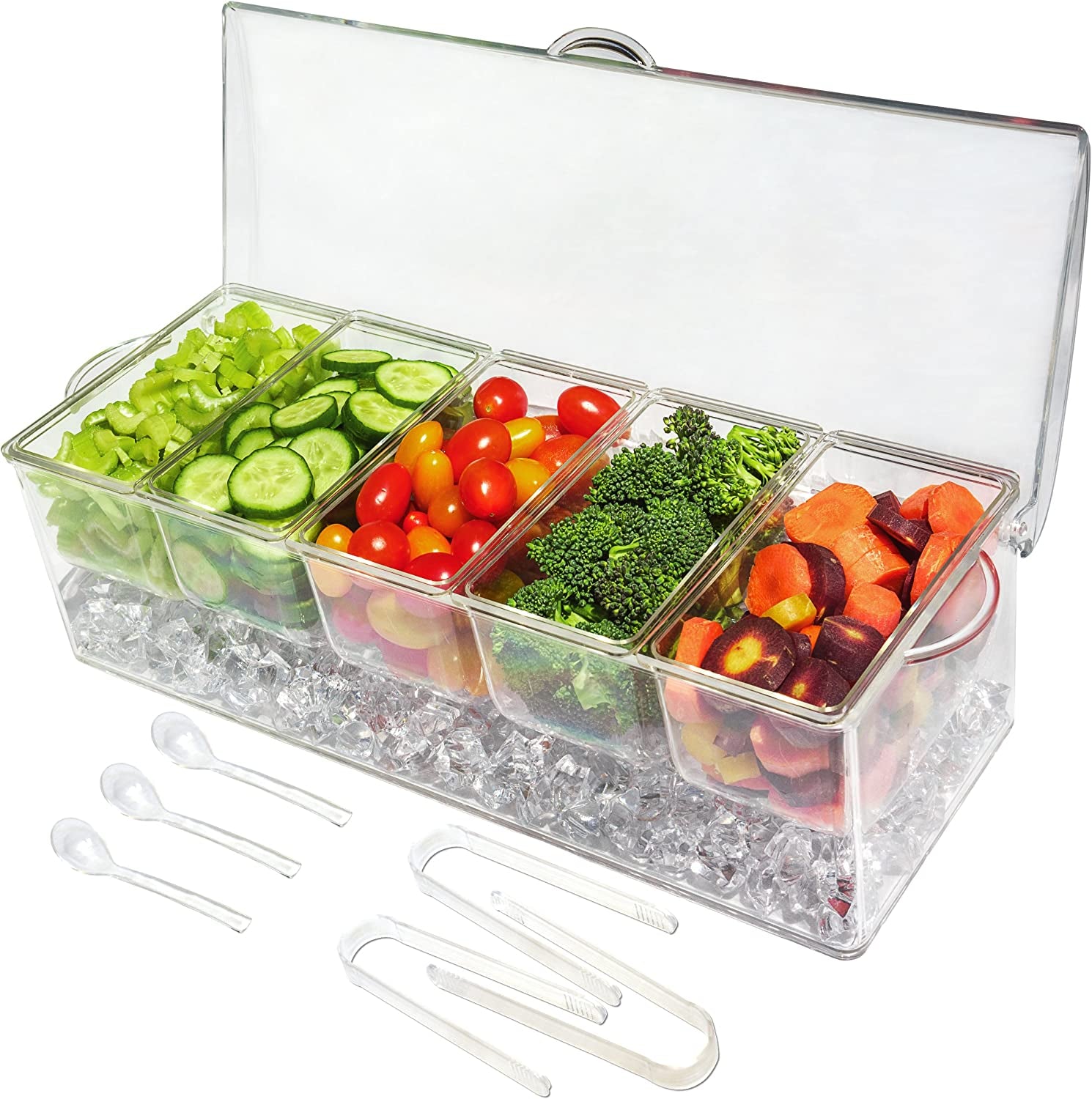 Ice Chilled 5 Compartment Condiment Server Caddy - Serving Tray Container with 5 Removable Dishes with over 2 Cup Capacity Each and Hinged Lid | 3 Serving Spoons + 3 Tongs Included