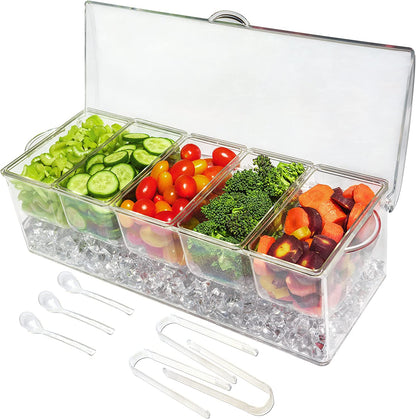 Ice Chilled 5 Compartment Condiment Server Caddy - Serving Tray Container with 5 Removable Dishes with over 2 Cup Capacity Each and Hinged Lid | 3 Serving Spoons + 3 Tongs Included