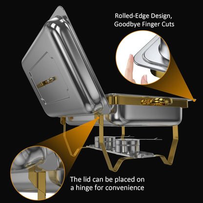 Chafing Dish Buffet Set 4 Pack, 8QT High Grade Chafing Dishes for Buffet, Chafers and Buffet Warmers Sets for Birthday, Wedding, Rolled-Edge Design with Gold and Silver