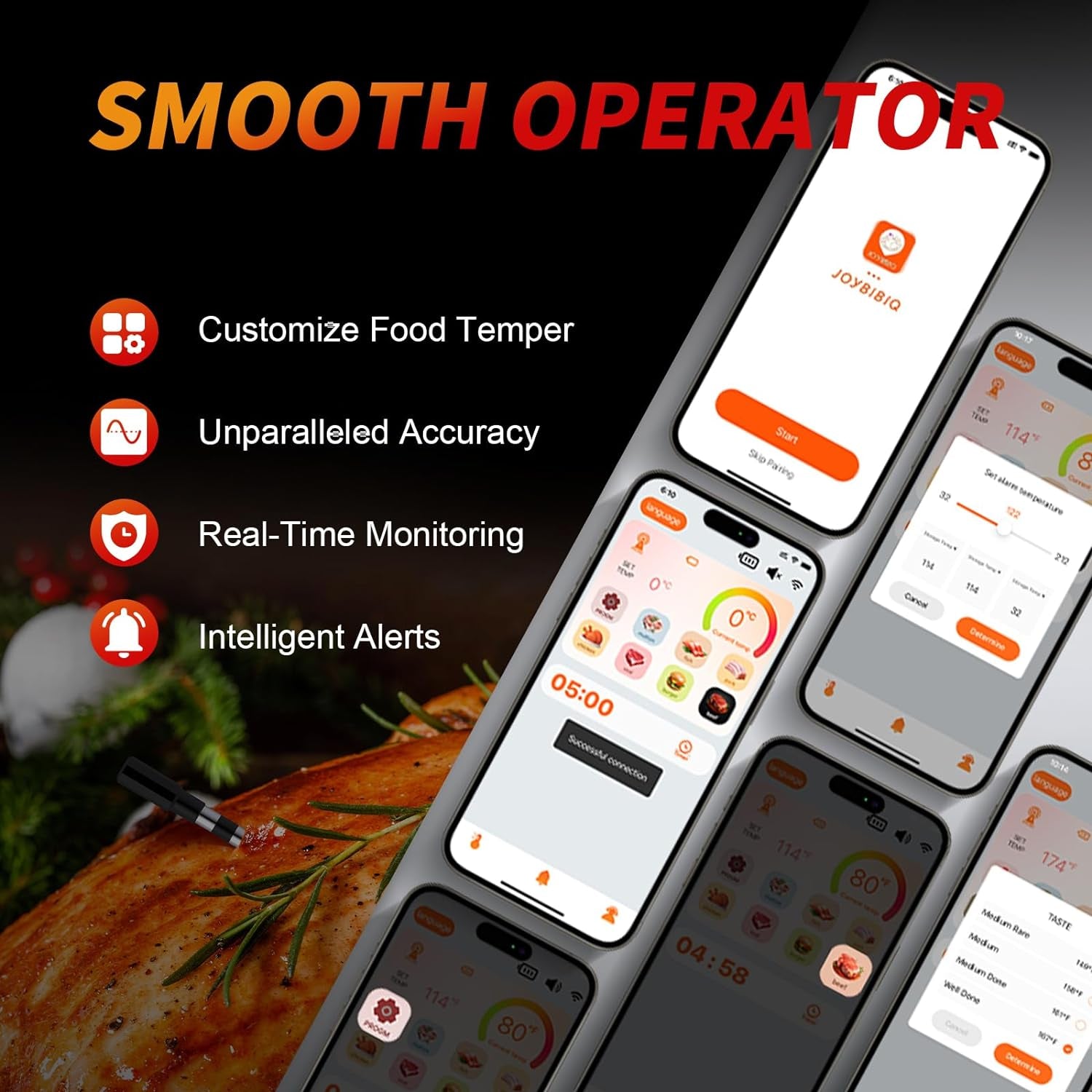 Wireless Meat Thermometer Digital, 800FT Long Range Bluetooth Cooking Thermometer, Food Thermometer for Remote Monitoring of Grill, Oven, Smoker, Air Fryer, Rotisserie, Ios & Android App