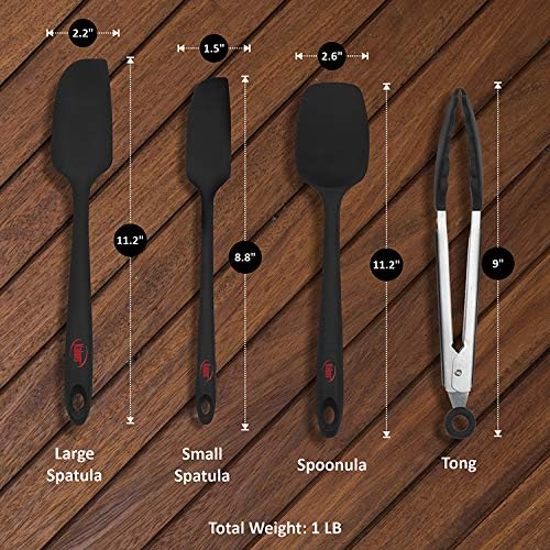 Silicone Spatula Set 4 Pcs Rubber Spatulas Silicone Heat Resistant 600°F, Spatulas for Nonstick Cookware, Seamless Design with Stainless Steel Core, Dishwasher Safe, Bonus Tongs Included