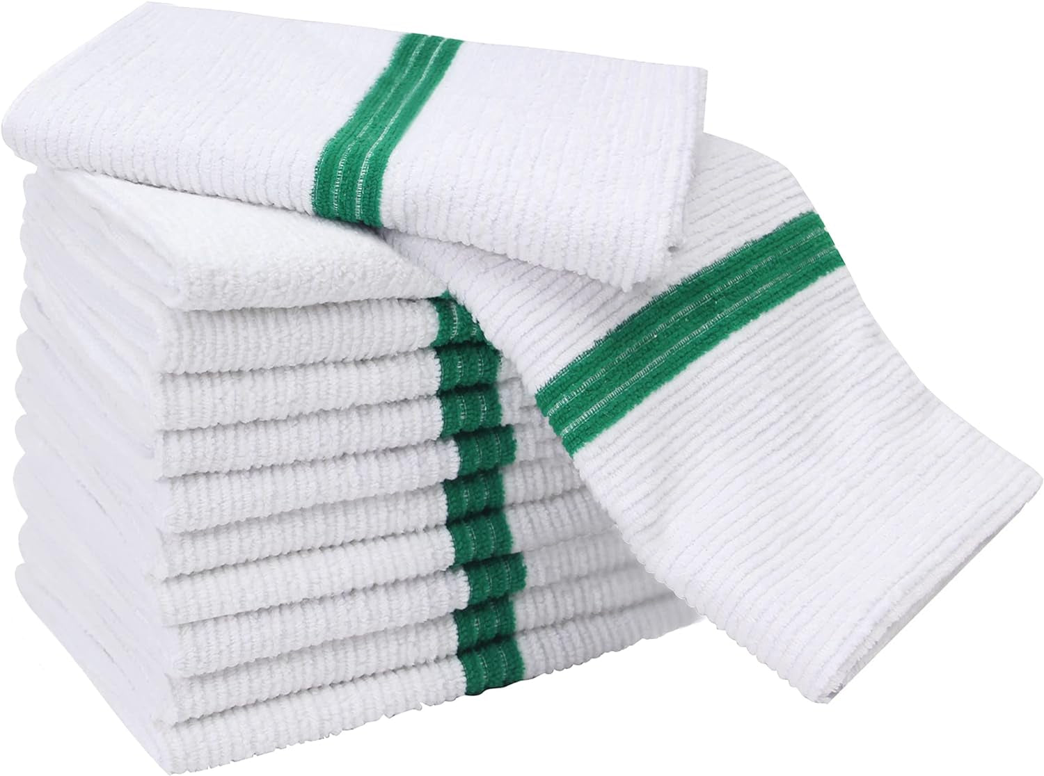 Premium 24 Pack White with Green Stripe Bar Mop Microfiber Towels for Home, Kitchen, Restaurant Cleaning (White/Green Stripe, 14Inx18In)