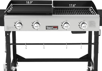 GD401C 4-Burner Gas Grill and Griddle Combo with Cover, 48,000 BTU, Flat Top Propane Grill Griddle Combo with Folding Legs for Outdoor Cooking While Camping or Tailgating, Black & Silver