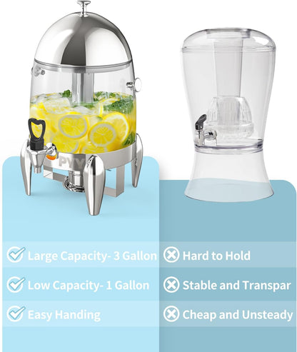 3 Gallon Beverage Dispenser for Hot & Cold Drinks with Ice Core and Stand,Coffee & Chafer Urn for Parties, Buffets,Catering,Clear Plastic Container for Punch, Juice, Lemonade, Tea, Water