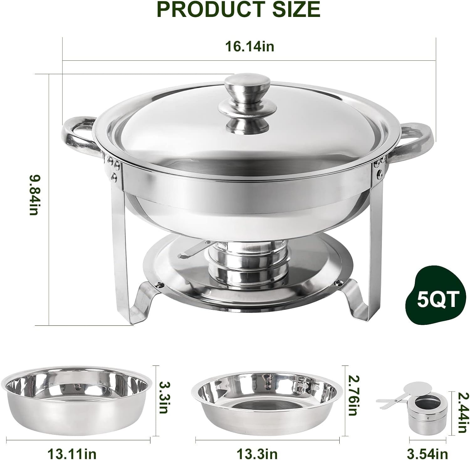 Chafing Dish Buffet Set 4 Pack, 5QT round Stainless Steel Chafer for Catering, Upgraded Chafers and Buffet Warmer Sets with Food & Water Pan, Lid, Frame, Fuel Holder for Event Party Holiday