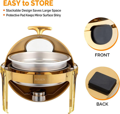 6 QT 3 Pack round Chafing Dish Buffet Set, Roll Top NSF Stainless Steel Buffet Warmer Chafers and Buffet Warmers Sets with Thick Frame for Catering Events Parties Weddings Dinners,Gold