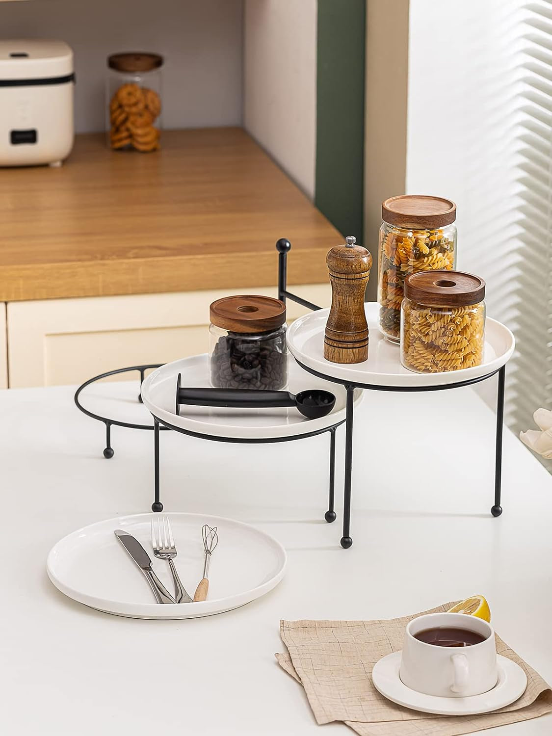 3 Tiered Serving Stand with White Porcelain Plates, Tiered Tray Stand, 10" X 10" Tier Serving Trays with Black Metal Stand for Entertaining, 3 Tier Dessert Stand