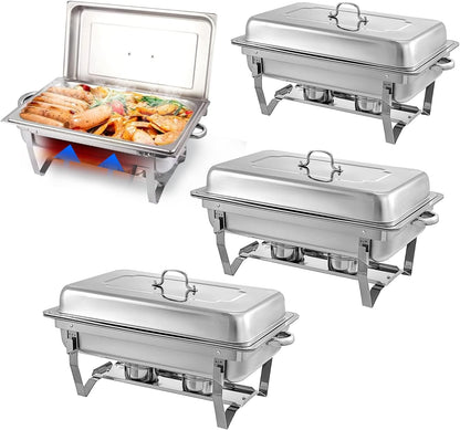 Chafing Dish Buffet Set - 4 Pack, 8 Quart Stainless Steel Chafer Buffet Servers and Warmers Set with Folding Frame for Weddings, Parties, Banquets, and Catering Events