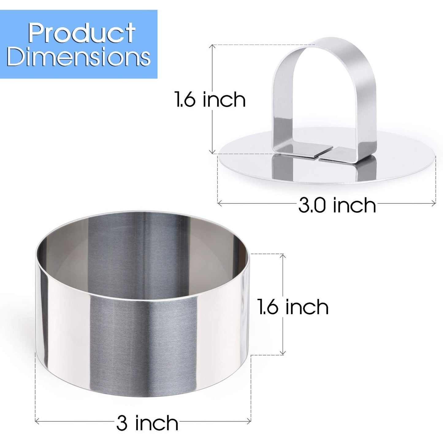 round Cake Ring Mold, Stainless Steel 3 Inch Dessert Mousse Molds with Pusher & Lifter Cooking Rings, Tuna Tartare Mold (Include 4 Rings and 1 Pusher)