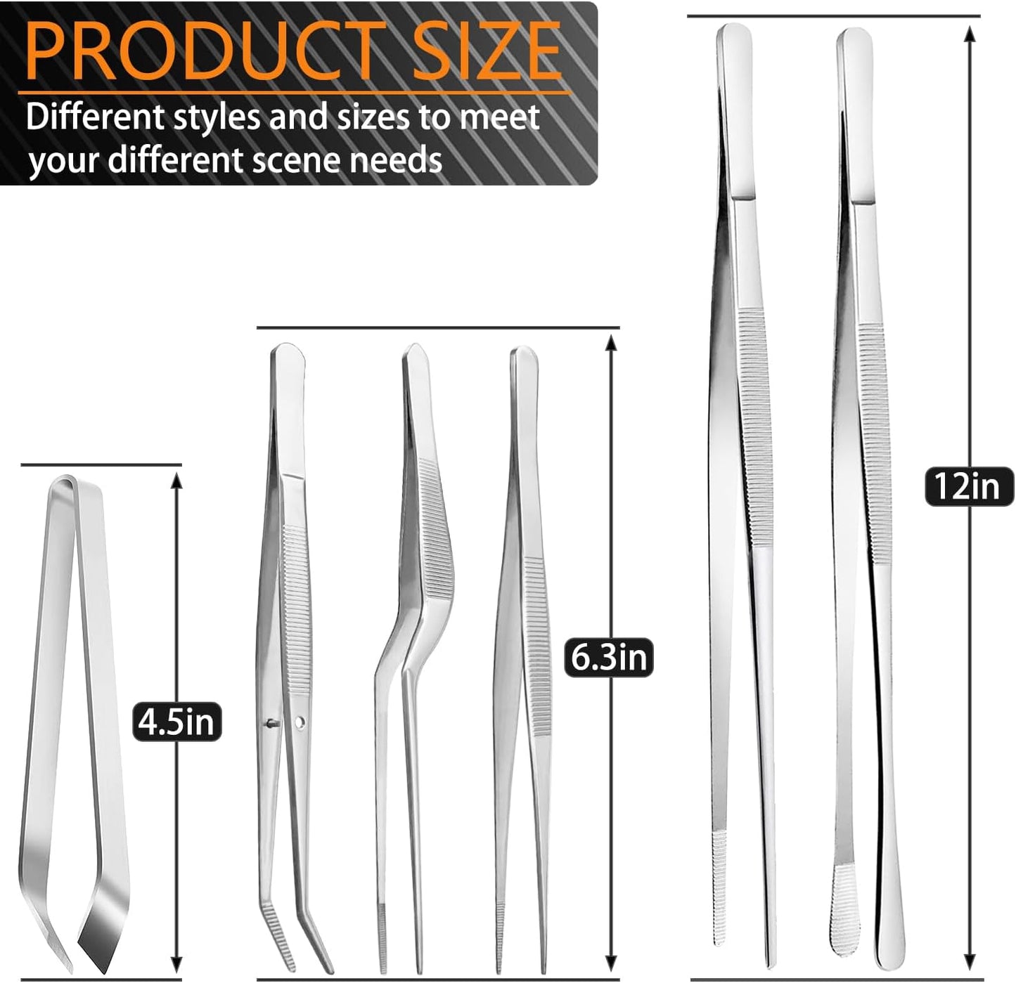 6 Pcs Cooking Tweezer Tongs, 12'' and 6.3" Stainless Steel Kitchen Tweezer Set, Professional Chef Tweezers for Cooking, Repairing, Sea Food, BBQ, Multi-Use
