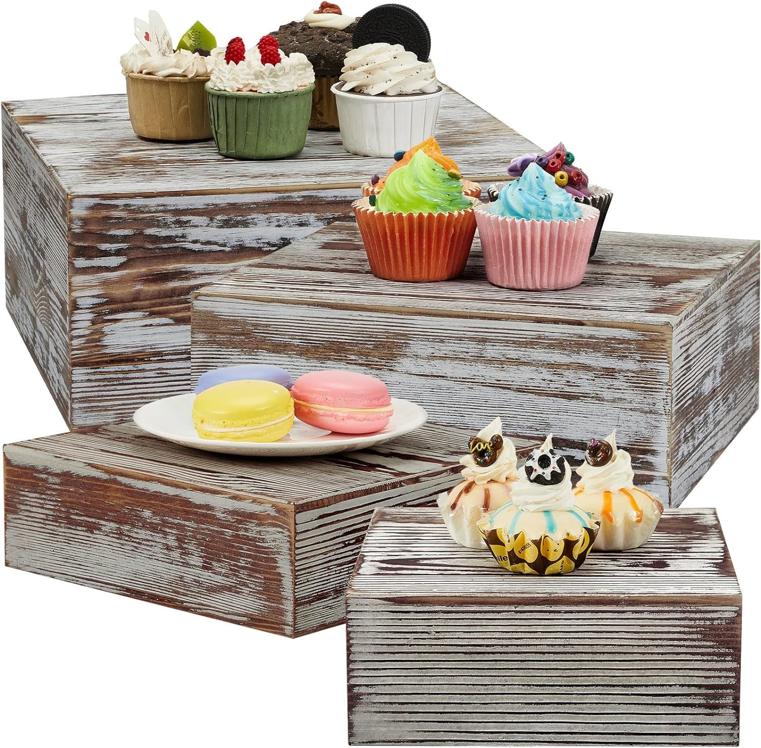 Set of 4 Wood Display Risers Rustic Cupcake Stand Wooden Stackable Display Box Wood Cake Stand for Dessert Wedding Birthday Baby Shower Party (Classic)