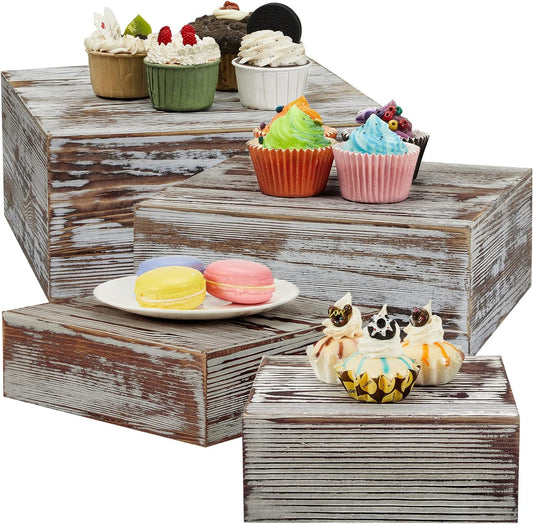 Set of 4 Wood Display Risers Rustic Cupcake Stand Wooden Stackable Display Box Wood Cake Stand for Dessert Wedding Birthday Baby Shower Party (Classic)