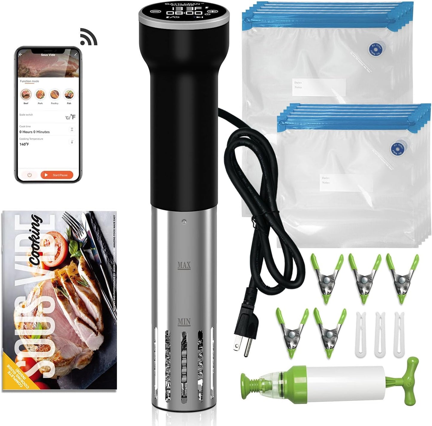 Sous Vide Machine Wi-Fi, Immersion Circulator Precise Cooker, Sous Vide Kit with 30 Vacuum Seal Bags, Vacuum Pump, Cookbook, Accurate Temperature & Timer, 1000W, IPX7 Waterproof,