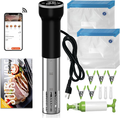 Sous Vide Machine Wi-Fi, Immersion Circulator Precise Cooker, Sous Vide Kit with 30 Vacuum Seal Bags, Vacuum Pump, Cookbook, Accurate Temperature & Timer, 1000W, IPX7 Waterproof,