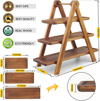 Wood 3 Tier Serving Tray Three Tiered Cupcake Stand, Rectangle Serving Platter Wooden Farmhouse, Party Serving Brown Decorative Tray Decor