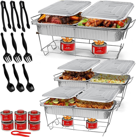 Full Size 33-Pcs Disposable Chaffing Buffet With-Covers, Utensils, 6Hr Fuel Cans – Premium Chafing Dish Set for Events, Parties, Catering