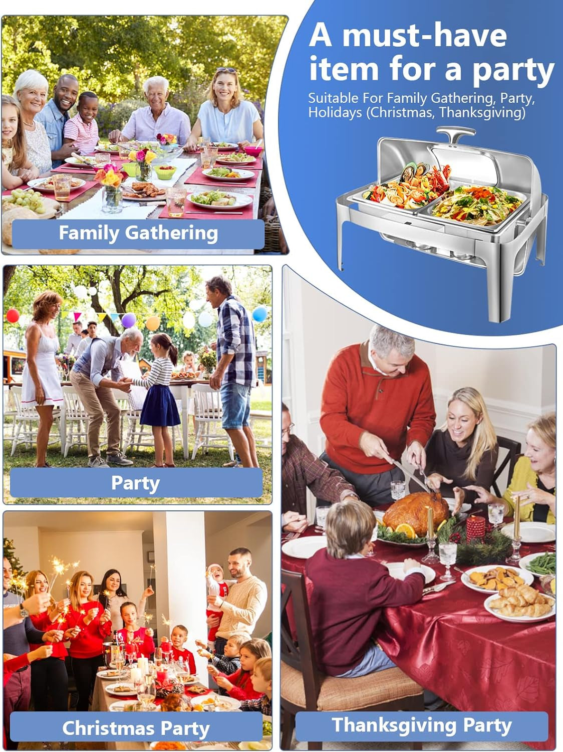 Rectangular Roll Top Chafing Dish Buffet Set, Catering Food Warmer for Parties, Wedding, Birthday, Christmas, 1 Full Size & 2 Half-Size Chafing Server Dish, 14QT Water Pan