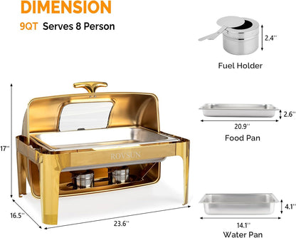 9QT Roll Top Chafing Dish Buffet Set,Rectangular NSF Stainless Steel Buffet Warmer Chafers and Buffet Warmers Sets with Thick Frame for Catering Events Parties Weddings Dinners,Gold