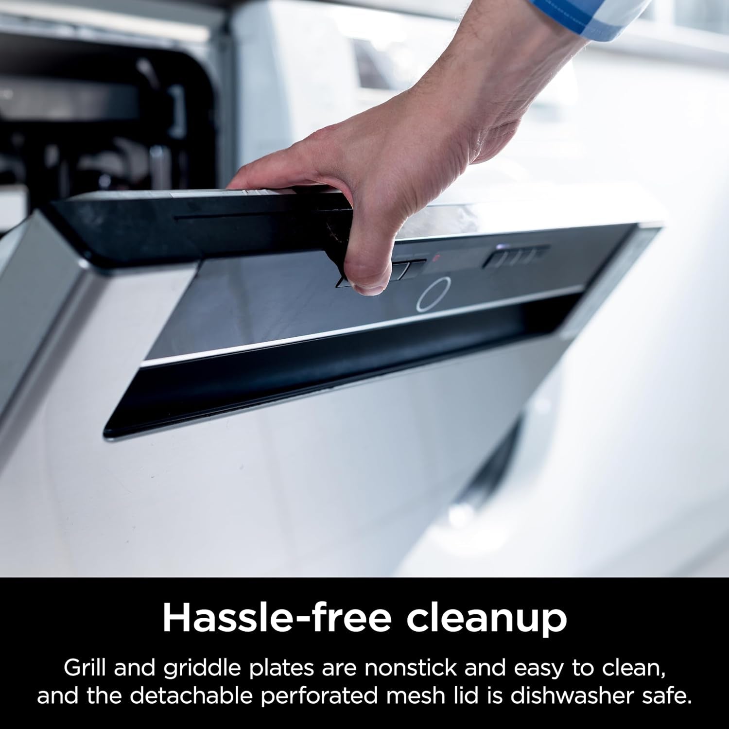 GR101 Sizzle Smokeless Indoor Grill & Griddle, 14'' Interchangeable Nonstick Plates, Dishwasher-Safe Removable Mesh Lid, 500F Max Heat, Even Edge-To-Edge Cooking, Grey/Silver