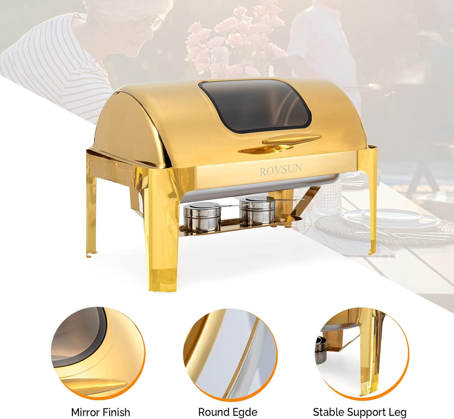9QT Roll Top Chafing Dish Buffet Set,Rectangular NSF Stainless Steel Buffet Warmer Chafers and Buffet Warmers Sets with Thick Frame for Catering Events Parties Weddings Dinners,Gold